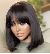 Straight Short Bob Wig with Bangs Human Hair 150% Density Glueless Straight Bob Wig Human Hair with Bangs Bob Wigs for Women No Lace Front Wigs Full Machine Made Straight Bob Wig photo review